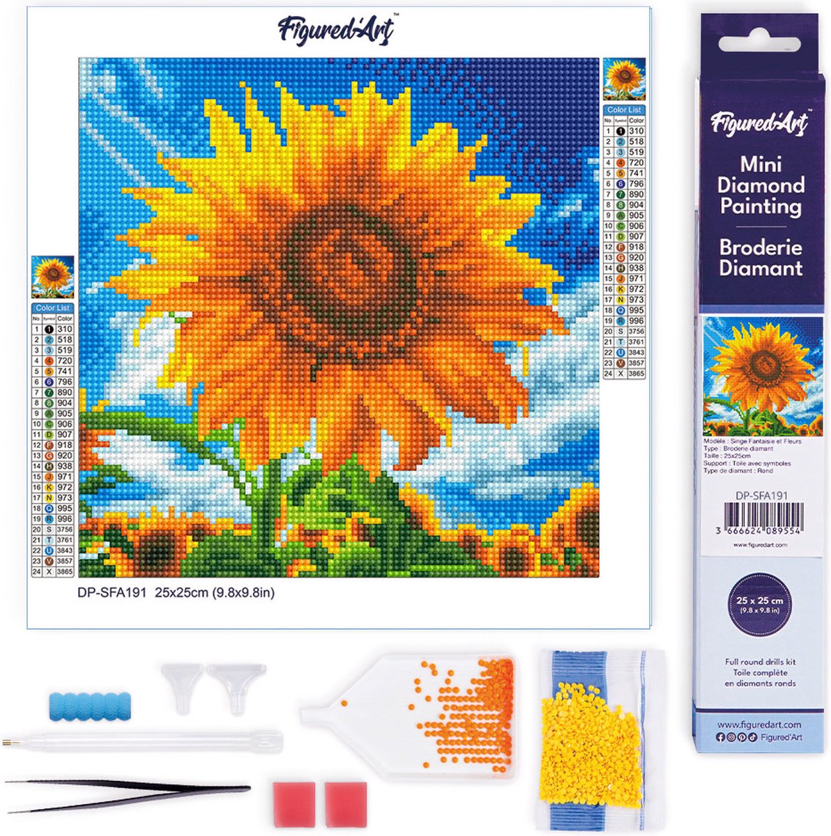 FiguredArt Mini Diamond Painting set Volwassenen 25x25 cm Zongekuste Zonnebloem - 5D DIY Art full drill ronde diamant - Opgerold canvas